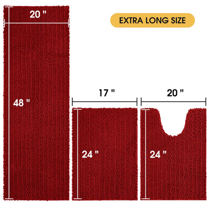 ACCUMTEK Upgrade Extra Large Red Bathroom Rug Set 3 Pieces Ultra Soft, Thick Absorbent Bath Mats, Non Slip Chenille Toilet Mat for Bathroom, Bedroom, Kitchen