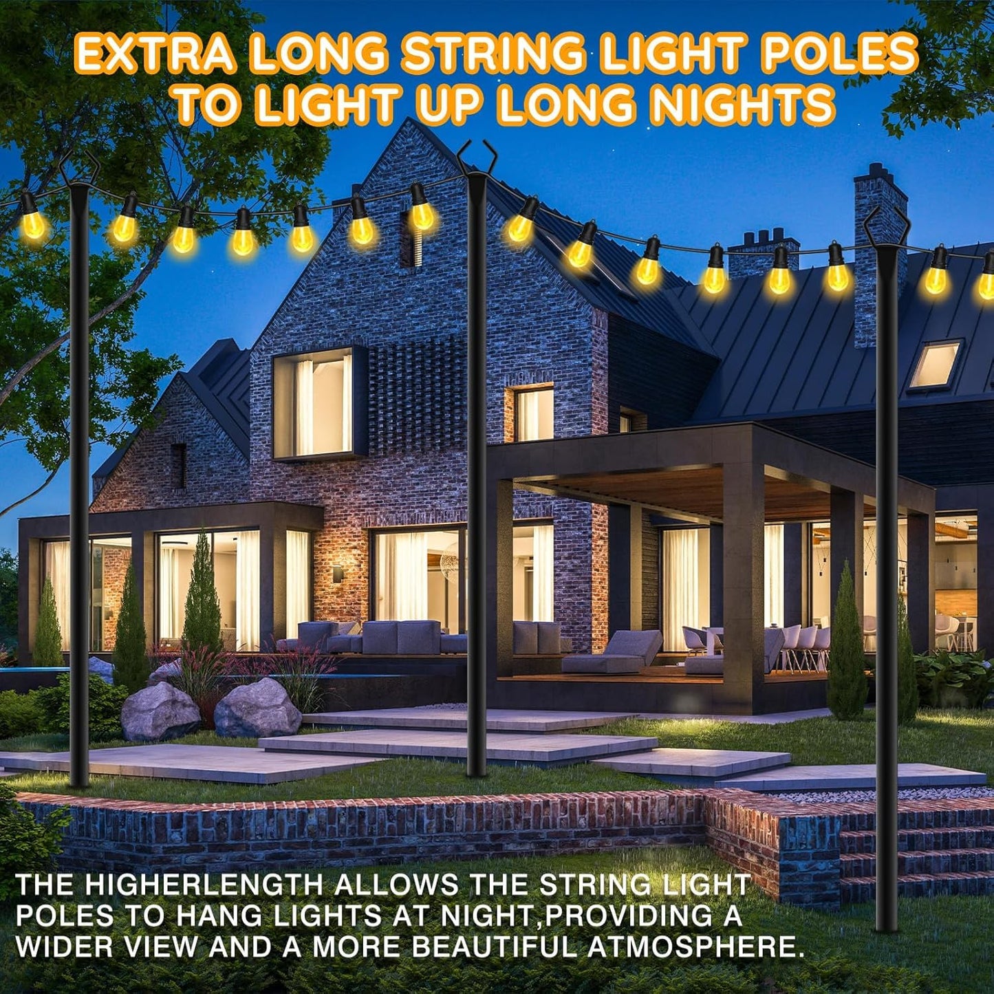 AHRLHR 6 Pack String Light Poles, Outdoor String Light Pole 10 ft Forked Metal Light Pole with Adjustable Outdoor Light Stand, Deck, Backyard, Garden, Wedding, Rustproof and Sturdy with Hooks.