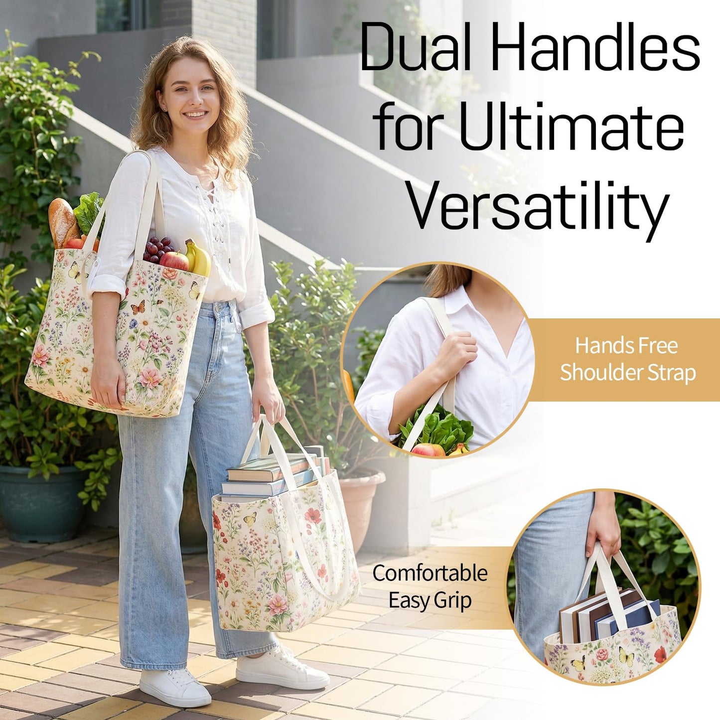 Ovveroche Large Canvas Grocery Tote Bag with Floral Reusable Heavy Duty Shopping Tote Bags with 6 Inner Pockets & Hard Bottom