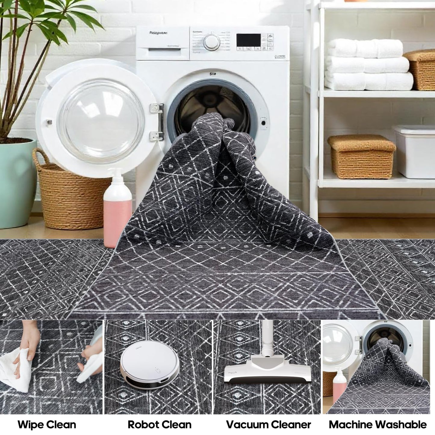 BYYVOO Black Non Slip Moroccan 3x4 Washable Area Rug