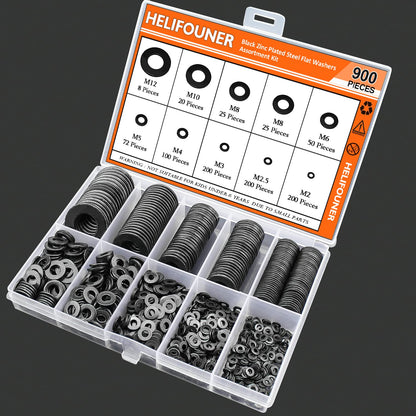 900 Pieces Black Zinc, HELIFOUNER Flat Washers Assorted Kit, Flat Washers, Metric Washers, Lock Metal Washers (M2 M2.5 M3 M4 M5 M6 M8 M10 M12)