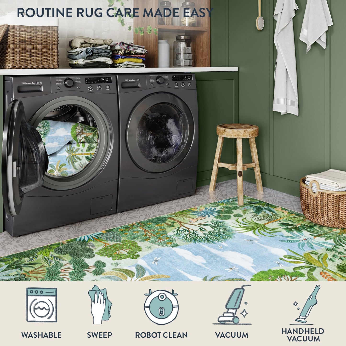 Lahome Jovence Summer Jungle Rug, Washable Rugs 5x7 for Bedroom, Green Forest Soft Carpet for Living Room, Summer Season Non Slip Non Shedding Dining Room Carpet for Under Table Classroom Entryway