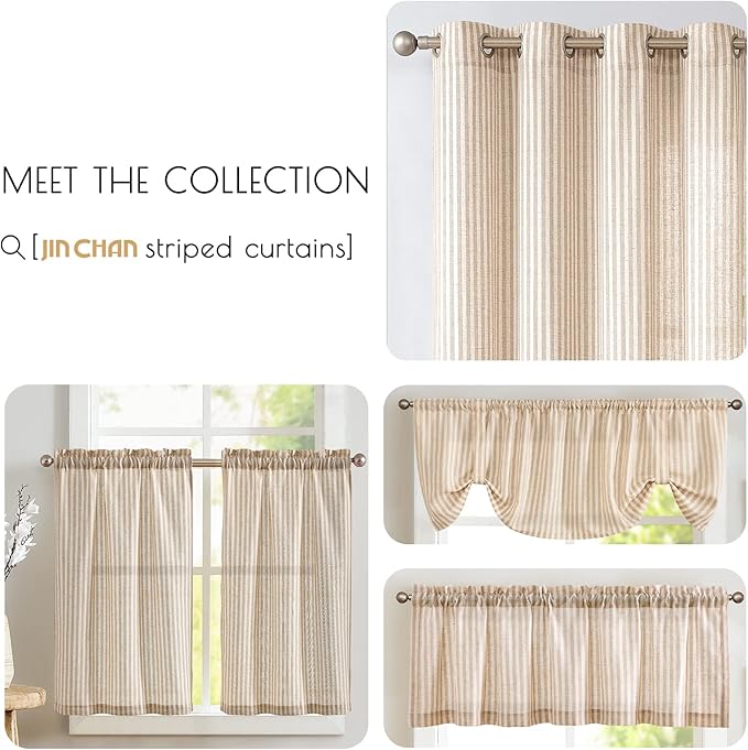 jinchan Tie Top Linen Kitchen Curtains 36 Inches Striped Tier Curtains Farmhouse Modern Cafe Style Small Window Treatments Airy Light Filtering Rod Pocket for Living Room Bathroom 2 Panels Tan