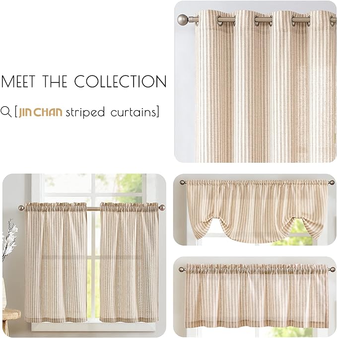 jinchan Tab Top Linen Kitchen Curtains 24 Inches Striped Tier Curtains Farmhouse Modern Cafe Style Small Window Treatments Airy Light Filtering Rod Pocket for Living Room Bathroom 2 Panels Tan