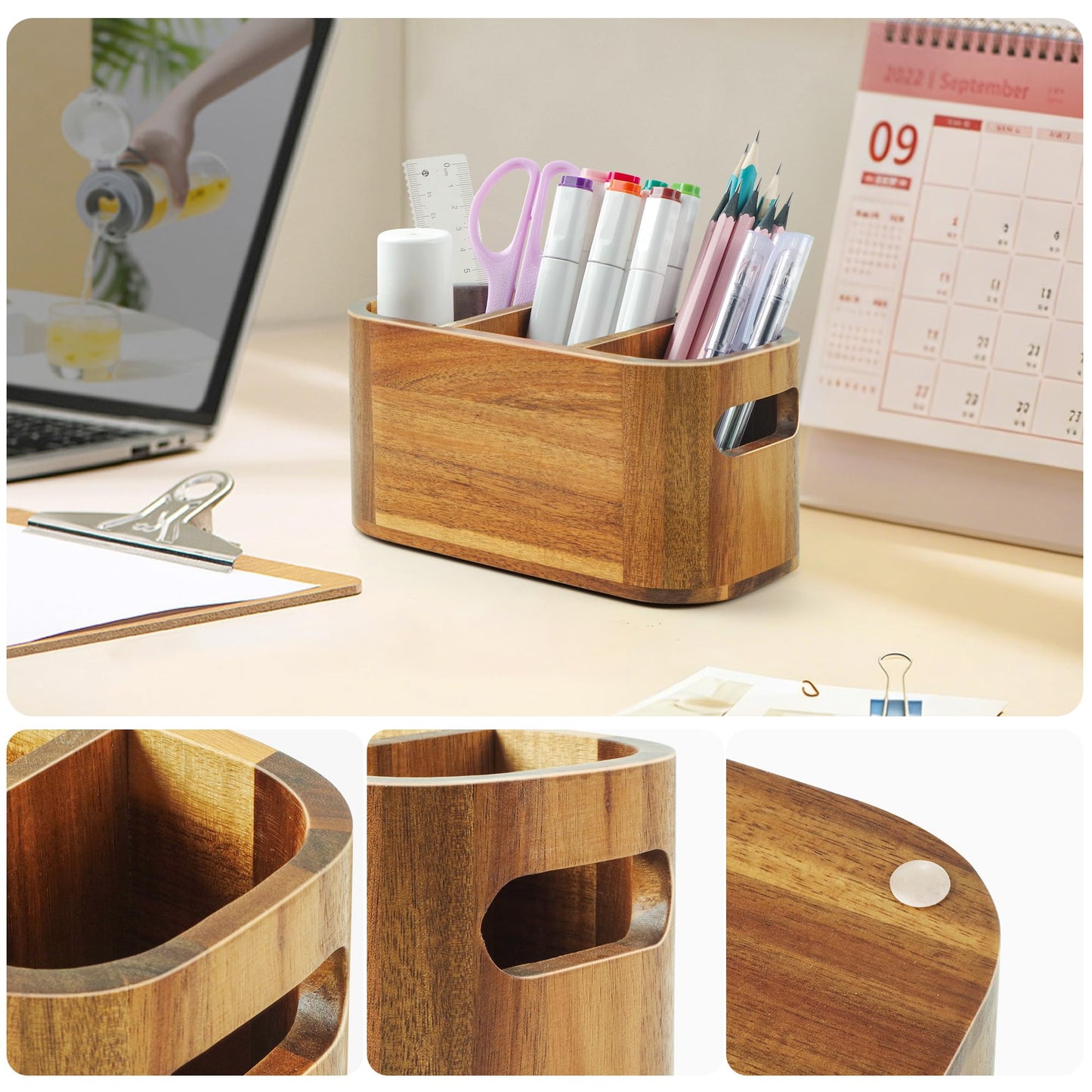 SWKHDKX Acacia Wood Pencil Pen Holder for Desk, Wooden Office Organizer with 3 Slots for Countertop, Makeup Brush Holder Remote Control Organizer for School Home Supplies
