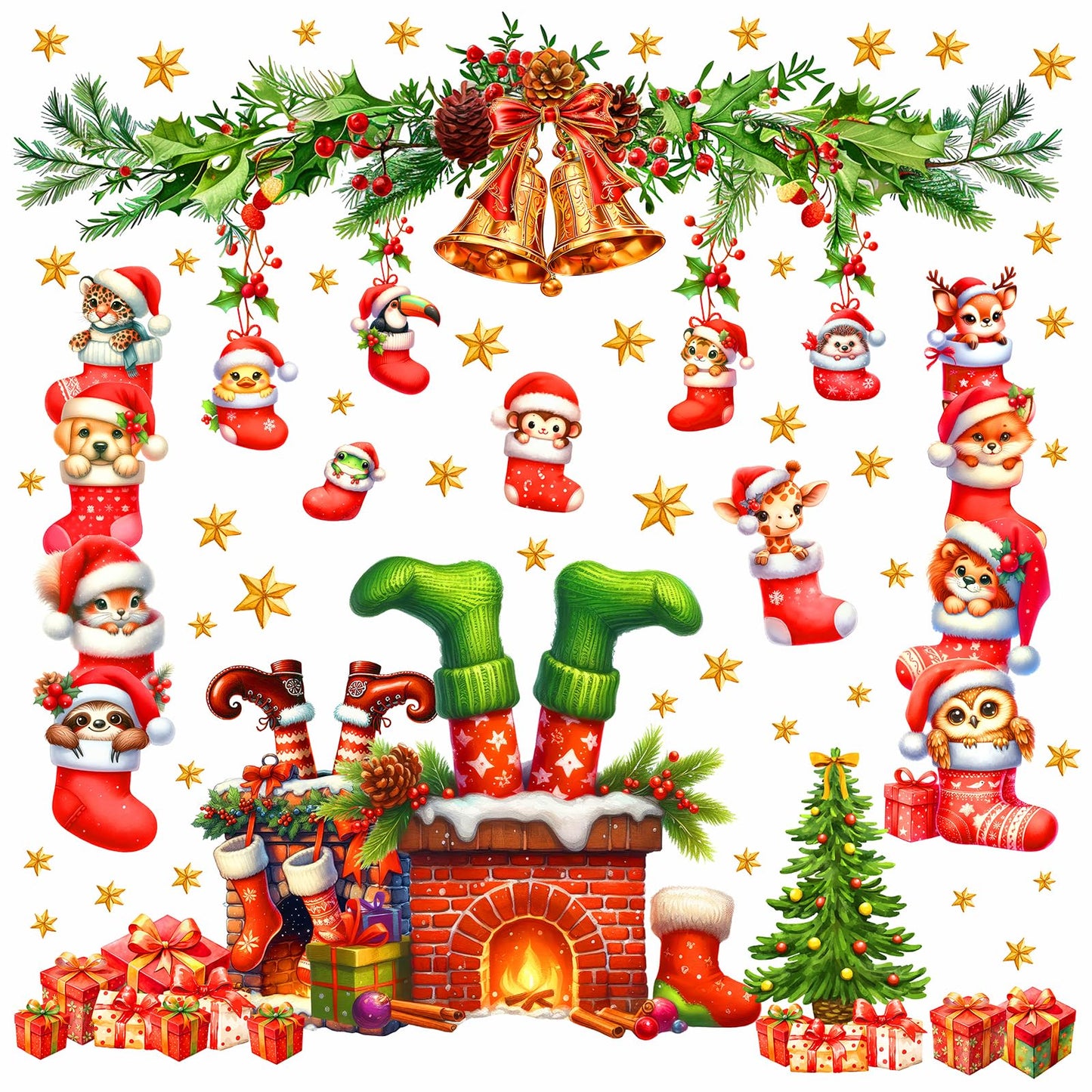 Christmas Fireplace Wall Decals Large Winter Pine Tree Branch Wall Stickers Xmas Bell Funny Animal Holiday Wall Decorations Removable Merry Christmas Wall Stickers Party Supplies