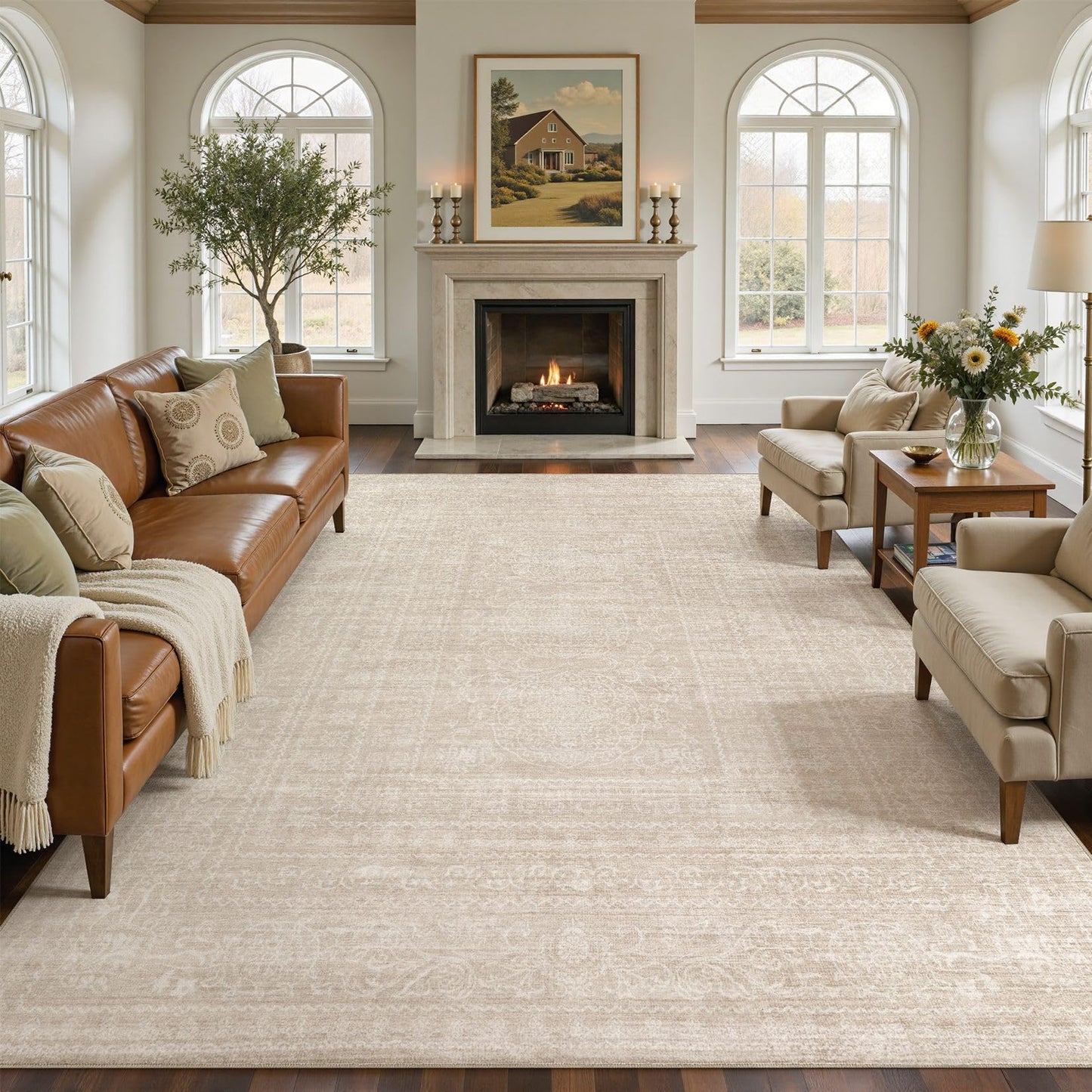 Nakagishi 9x12 Area Rugs Living Room: Washable Large Vintage Rug Neutral Non-Slip Soft Stain Resistant Indoor Carpet for Bedroom Nursery Dining Room Office Playroom - Beige