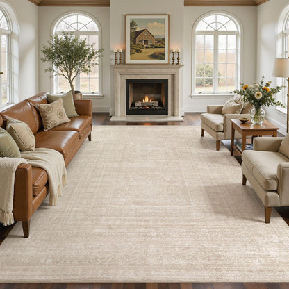 Nakagishi 9x12 Area Rugs Living Room: Washable Large Vintage Rug Neutral Non-Slip Soft Stain Resistant Indoor Carpet for Bedroom Nursery Dining Room Office Playroom - Beige