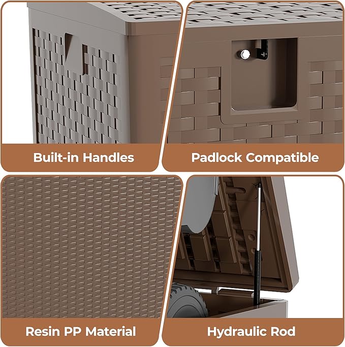 120 gal Brown Resin Deck Box, Outdoor Storage Box Waterproof Lockable, Patio Deck Box For Package Delivery, Outside Storage Box Container for Furniture Cushions, Garden Tools, Pool Accessories