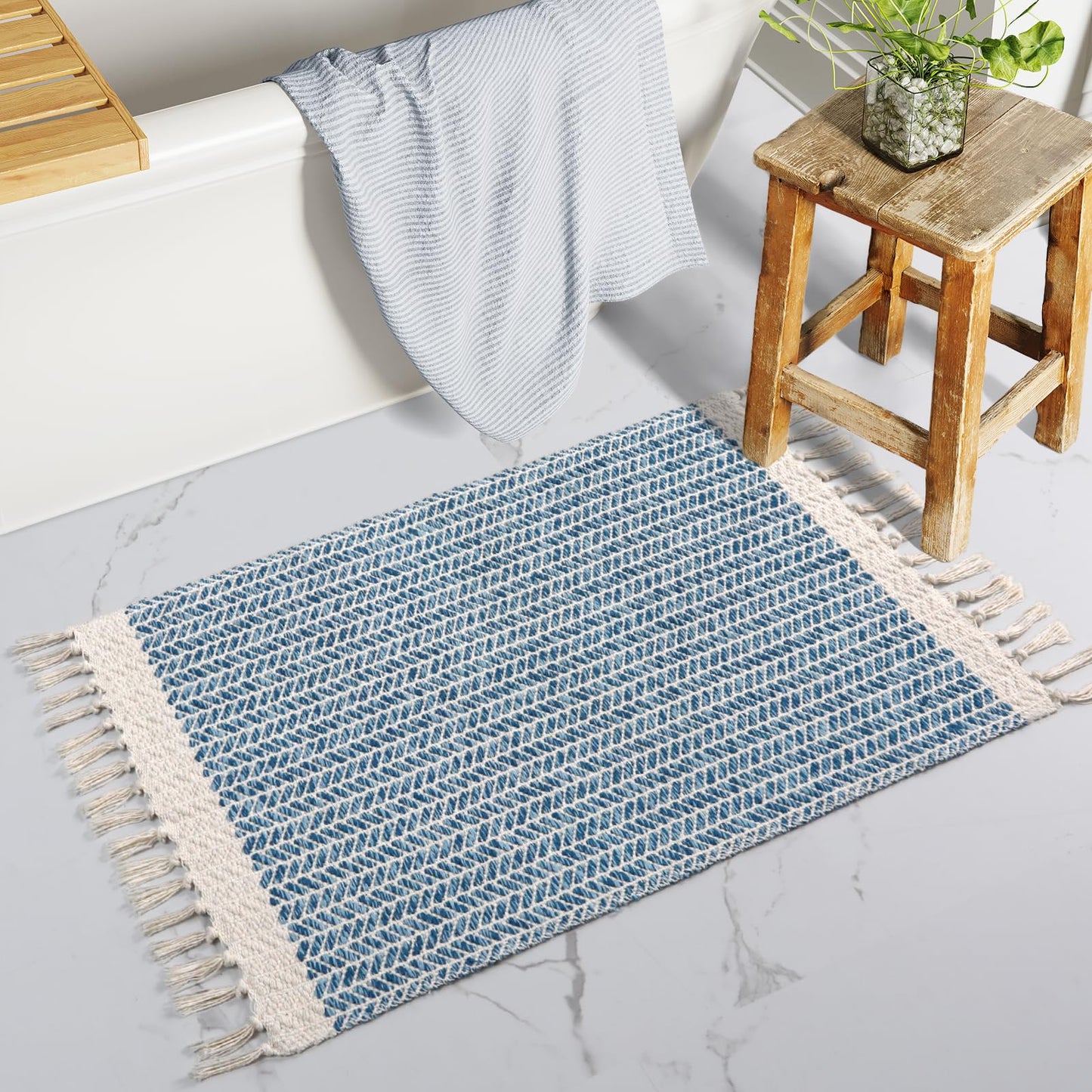 Lahome Belle Boho Bathroom Rugs, Small 2x3 Front Door Bath Mats Lightweight Entryway Rug Woven Cotton Area Rug with Tassels, Farmhouse Blue Throw Rug Washable Low Pile Carpet for Kitchen