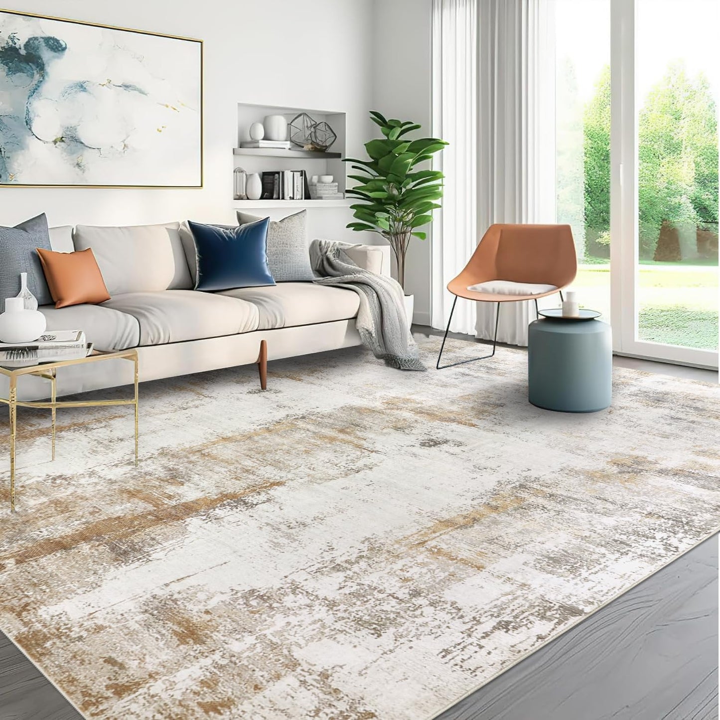 famibay Machine Washable Area Rugs 8x10 Rugs for Living Room Low Pile Neutral Area Rug Large Dining Room Rugs for Under Table Rubber Back Abstract Carpet for Living Room Under Bed(Beige/Camel