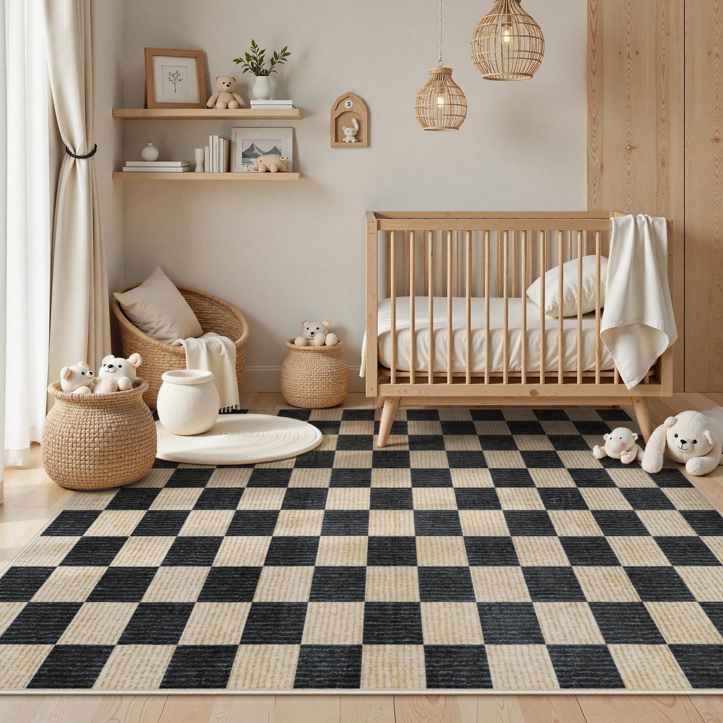 Machine Washable 5x7 Area Rugs for Living Room Checkered, Non Slip Soft Low Pile Farmhouse Geometric Modern Neutral Playroom Boys Rugs for Bedroom, Large Carpet Rugs for Dining Room(Black,5'x7')