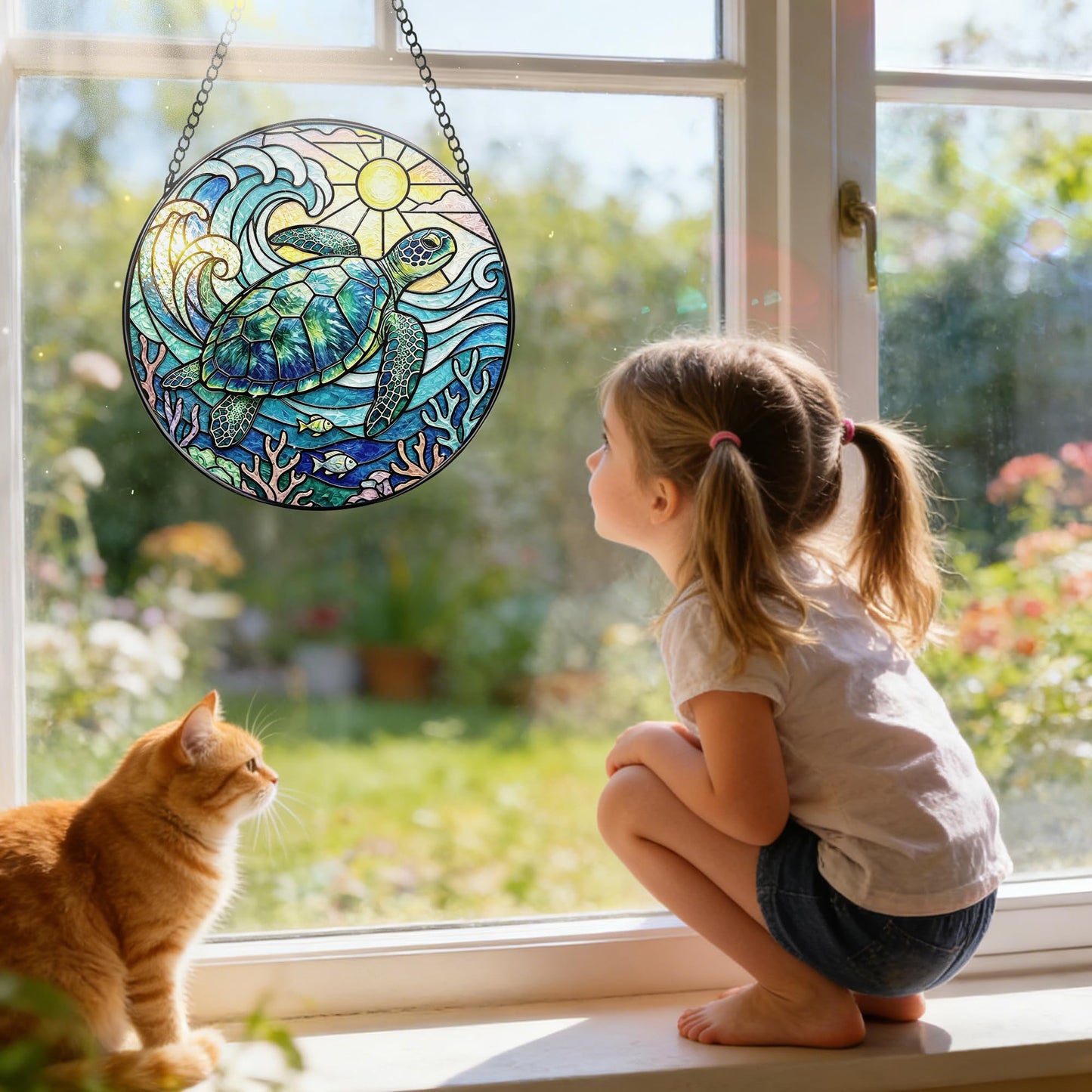 Stained Glass Window Hanging, 7.8 Inch Sea Turtle Stained Glass Suncatcher, Ocean Wave Window Hanging Ornament, Coastal Beach Decor, Sea Turtle Gifts for Ocean Lovers, Nature Lovers & Beach House