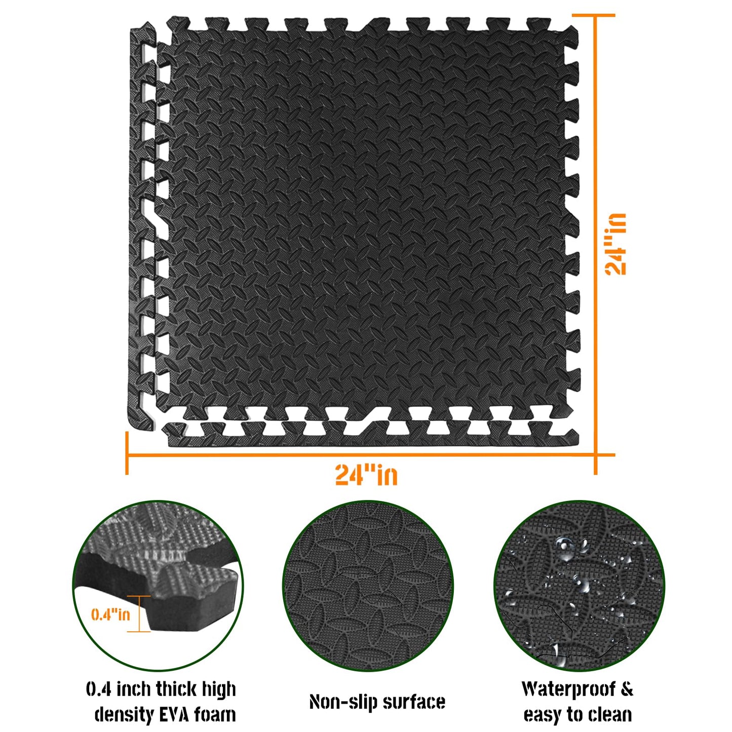 GWT Interlocking EVA Foam Floor Tiles 24x24 Inch 0.4 Inch Thick Gym Flooring for Home Gyms Garages and Basements, 12 Pack Covers 48 Square Feet, Shock-Absorbing Easy Snap-Together Install