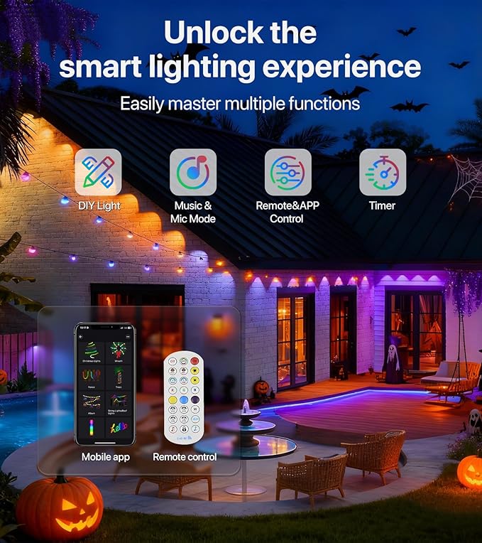 50FT RGB+IC LED Permanent Outdoor Lights, Eave Lights with Smart APP & Remote Control, 72 Scene Modes, Waterproof IP65 for Holiday Christmas Decorations(Extension Cord Not Included)