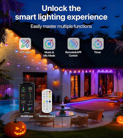 50FT RGB+IC LED Permanent Outdoor Lights, Eave Lights with Smart APP & Remote Control, 72 Scene Modes, Waterproof IP65 for Holiday Christmas Decorations(Extension Cord Not Included)
