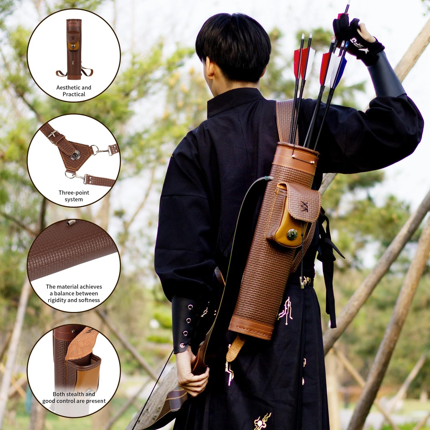 SOPOGER Arrow Quiver Arrow Holder - Handmade Traditional Leather Quiver with Adjustable Strap and Pocket, Archery Shoulder Back Quiver for Arrows Cosplay Bow and Arrow Accessories