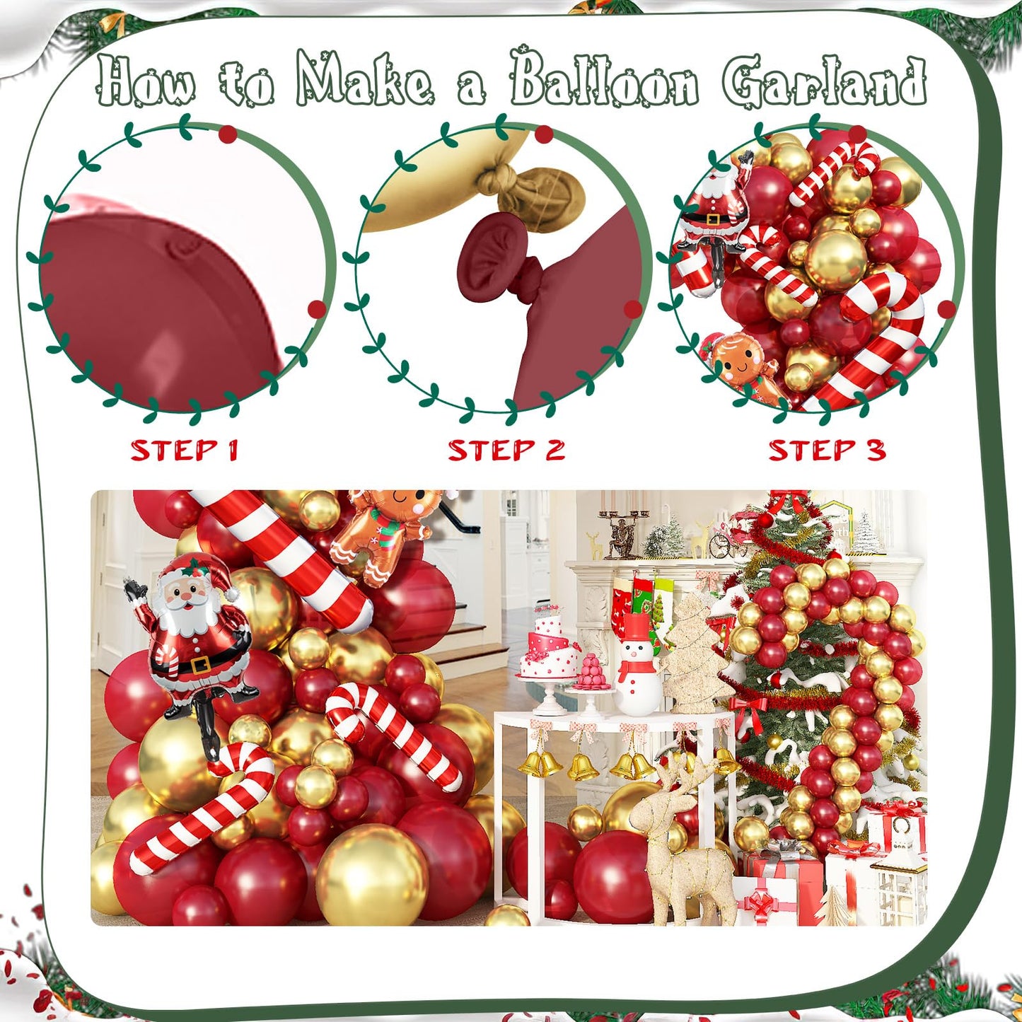 Christmas Balloon Arch Garland Kit, 114Pcs Retro Red Metallic Gold Latex Balloons with Large Cane Gingerbread Man Santa Claus Xmas Foil Balloons for Birthday Merry Christmas Party New Year Decorations