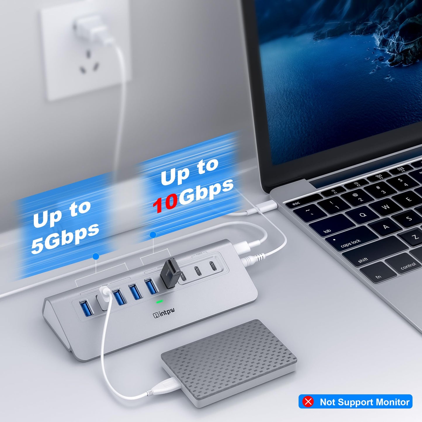 Powered USB Hub 10Gbps, intpw 9-Port USB 3.2 Hub, USB C Hub with USB A/USB C 3.2, 4 USB 3.0, 2 PD 45W Charging Ports, 65W Power Adapter and 3.3FT Cable, Aluminum USB Hub for Laptop, iPhone 16/15, PC