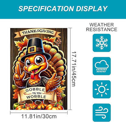 Thanksgiving Turkey Garden Flag 12x18 Inch Welcome Gobble Til You Wobble Outdoor Flag Double Sided Fall Autumn Yard Banner with Cartoon Pilgrim Turkey and Pumpkins for Porch Lawn Patio