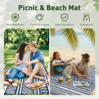MontVoo-Outdoor Rug Carpet Waterproof 5x8 ft Reversible Patio Rug RV Camping Rug-Plastic Straw Rug Outside Indoor Outdoor Area Rug for Patio Deck Balcony Picnic Beach Outdoor Decor Boho Navy Blue