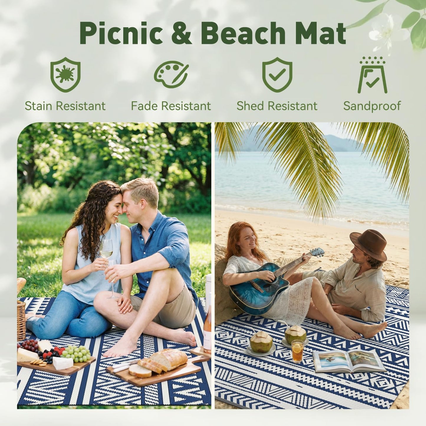 MontVoo Outdoor Rug 8x10 Waterproof Outdoor Patio Rug Mat Reverisble Plastic Straw Outdoor Rug for RV Camping Picnic Beach Balcony Boho Navy Blue