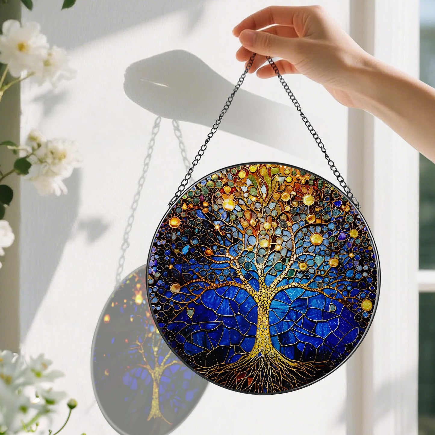8-Inch Stained Glass Tree of Life Ornament, Stained Glass Window Hanging, Window Hanging Decor Suncatcher – Housewarming, Christmas, Birthday | Gift for Family, Friend, Couple, Teacher | Holiday Decor