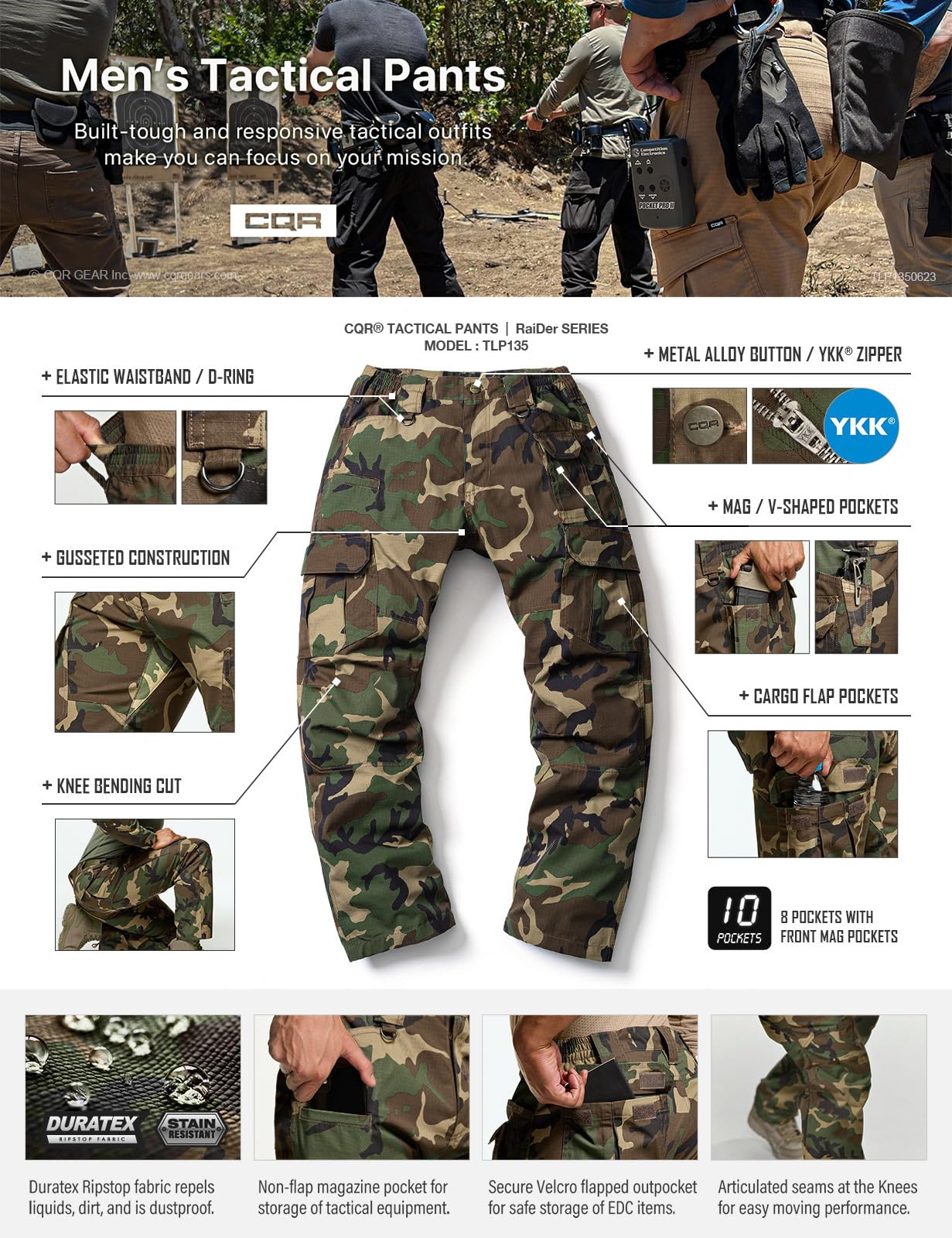 CQR Men's Tactical Pants, Water Resistant Ripstop Cargo Pants, Lightweight EDC Work Hiking Pants, Outdoor Apparel, Duratex Mag Pocket Print Woodland Camo, 40W x 32L