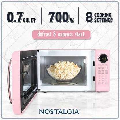 Nostalgia Retro Microwave Oven - 0.7 Cu Ft, 700-Watt Countertop Size with Glass Turntable, Child Safety Lock, 8 Auto-Cook Programs, Digital Clock - Aqua