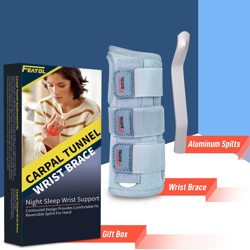 FEATOL Wrist Brace Carpal Tunnel for Women Men, Adjustable Night Sleep Support Brace with Splints Right Hand, Medium/Large