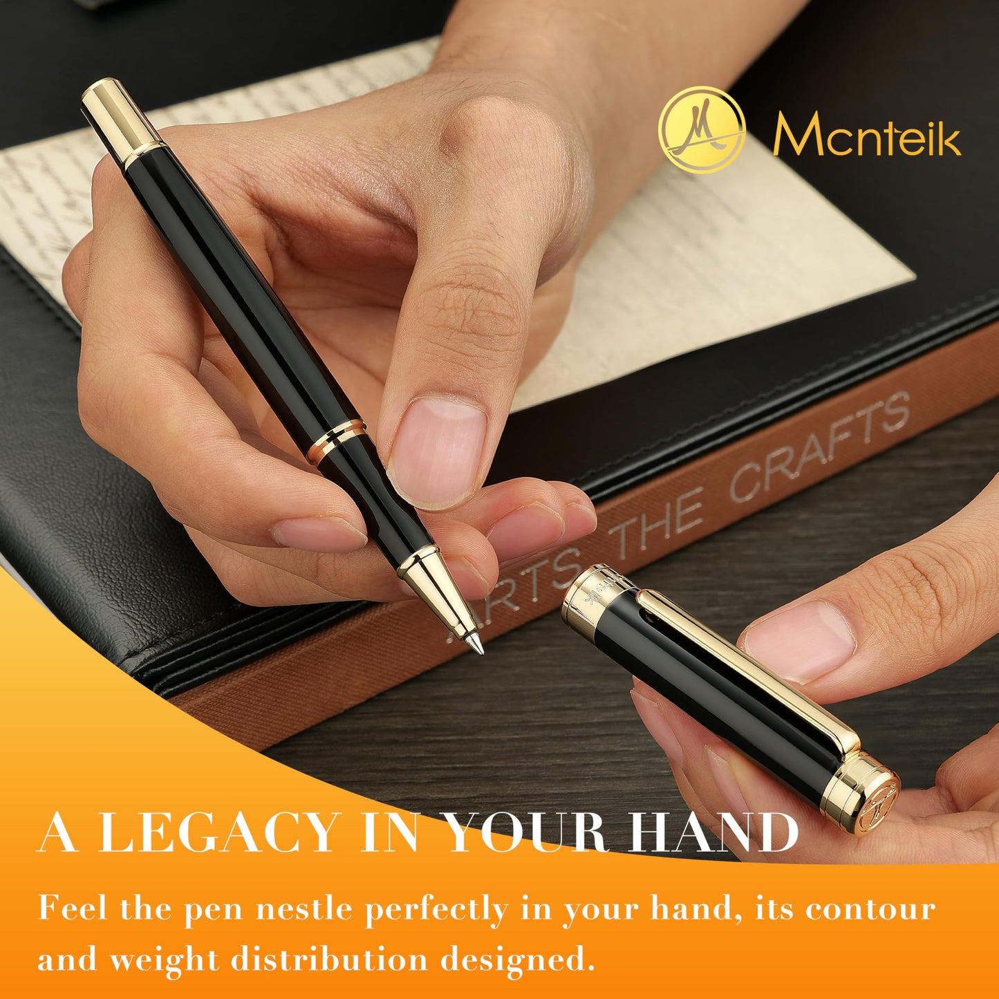 MCNTEIK Black Lacquer Rollerball Pen - Stunning Luxury Pen, 24K Gold Plating, Schmidt Refill, Precision Flow Ink, Best Roller Ball Gift Set for Men & Women, Professional, Executive Fancy, Nice Pens
