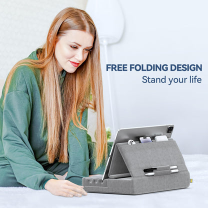 KDD Tablet Pillow Holder, Foldable iPad Stand for Lap, Bed and Desk -Tablet Soft Pad Dock with Pocket & Stylus Mount Compatible with iPad Pro 12.9, 10.5, 9.7 Air Mini 6 5 4 3, Galaxy Tab, E-Reader