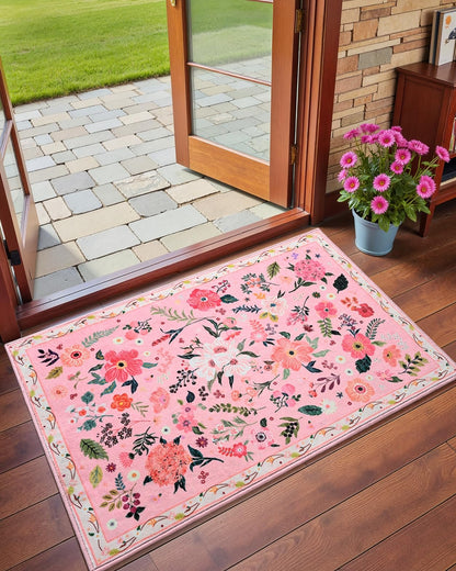 Macgace 2x3 Pink Floral Rug for Entryway, Flowers Printed Washable Small Rugs with Non Slip Backing for Girls Bedroom Kitchen, Cute Throw Carpet Front Door Entry Decor