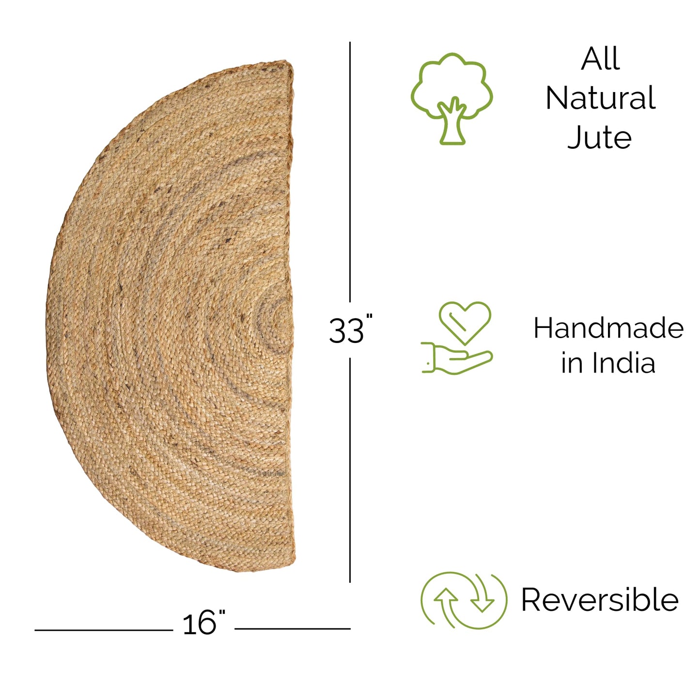 Super Area Rugs Jute Rug - Reversible Natural Fiber Hearth Carpet- Eco Friendly Floor Covering for Kitchen - Doorway Hand Woven, Natural, Half Circle 16" x 33"