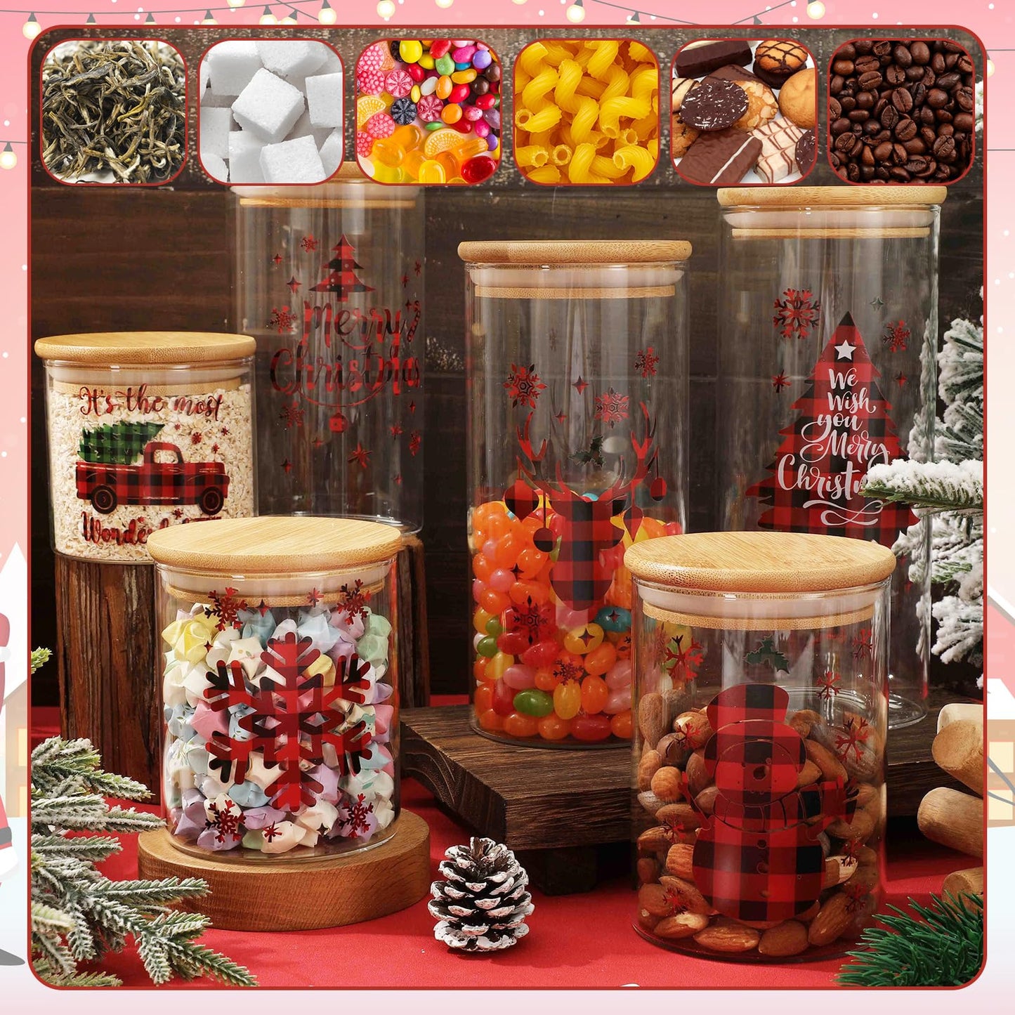 JarThenaAMCS 6Pcs Merry Christmas Glass Storage Jars with Airtight Lid Red Black Plaid Xmas Tree Snowman Reindeer Snowflake Canisters Sets for Home Kitchen Countertop