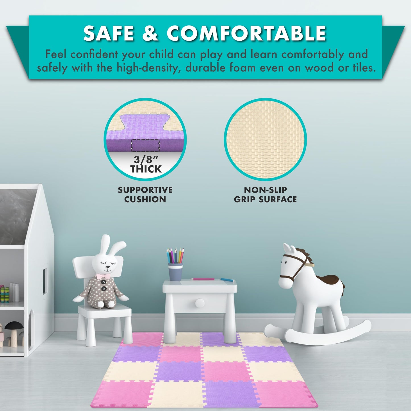 ProSource Baby Play Mat, Soft Foam Floor Tiles for Kids, Interlocking EVA Panels for Playpen Use, Crawling Development Surface, Safe Non-Toxic Toddler Flooring, 16 Tiles, Pink/Purple/Beige