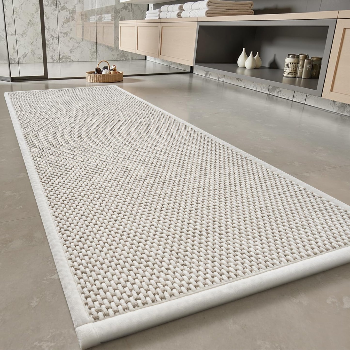 PADOOR-Bath Mat Runner-Super Absorbent Chenille Bathroom Mats-Rubber Backed Bath Mats for Bathroom Non Slip, Easy Clean Bathroom Runner Rugs Front of Bathtub,Shower Room,Sink-17×59, Beige&Cream