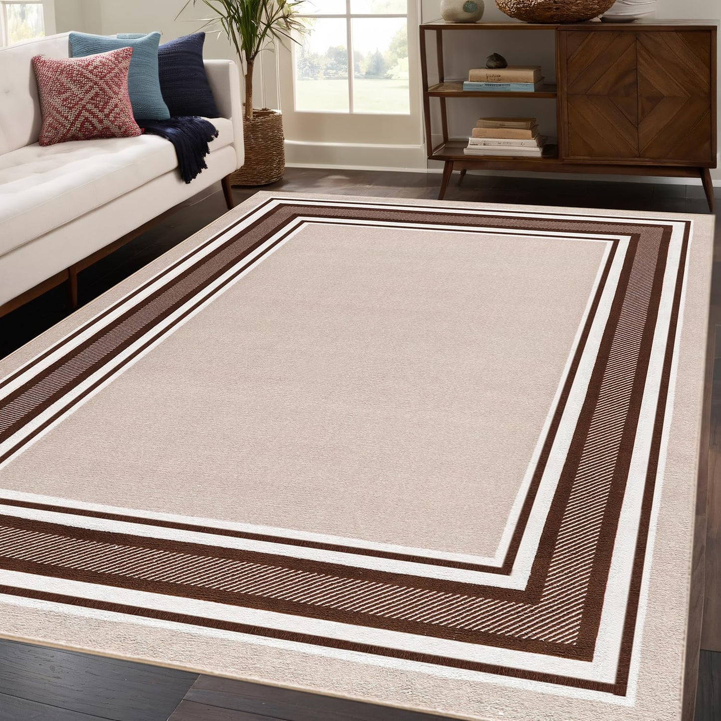 Beverly Rug Non Slip Area Rugs 3x5 Modern Bordered Non Skid Rubber Backing Soft Area Rug for Living Dining Room Easy to Clean Non Shedding Kitchen Bedroom Indoor Carpet 3 x 5 Beige-Brown