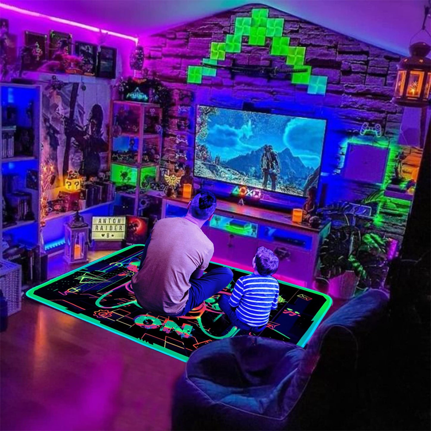 KMkicme Gaming Area Rug Blacklight for Bedroom Decor Game Printed Carpet Gamer Rug Glow in The Black Light for Playroom Large Non-Slip Area Rug Kids Boys Girls Game Room Casual Mat 82x59 Inch