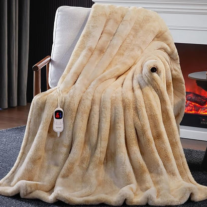 Guohaoi Heated Blanket Electric Throw, Soft Faux Rabbit Fur Electric Blanket with 10 Heating Levels 5 Sitting Timer Auto Off, Cozy Warm Heating Blankets, Machine Washable(62"×84" Beige)