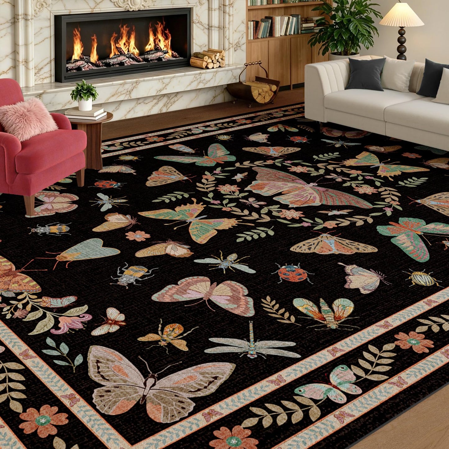 Unirea 8x10 Black Area Rug for Living Room Bedroom Under Bed, Large Washable Boho Insect Bug Rug, Non Silp Dining Room Under Table, Thin Soft Low Pile Stain Resistant Carpet for Home Office