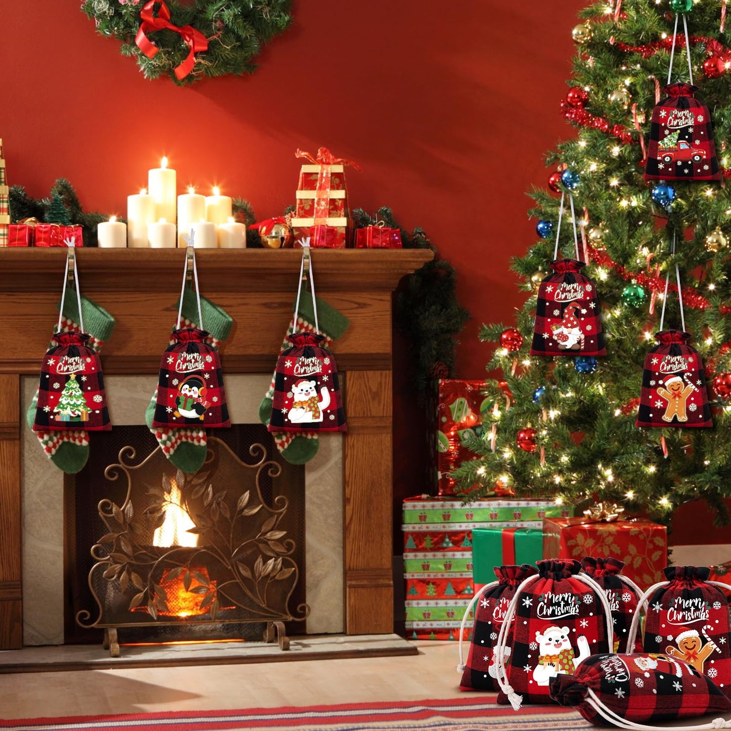 FLOE 36Pcs Burlap Christmas Drawstring Bags Buffalo Plaid Xmas Gift Bags Burlap Xmas Candy Bag Small Christmas Linen Goody Gift Sacks Treat Sacks Reusable Gifts Wrapping Bag Holiday Party Favors