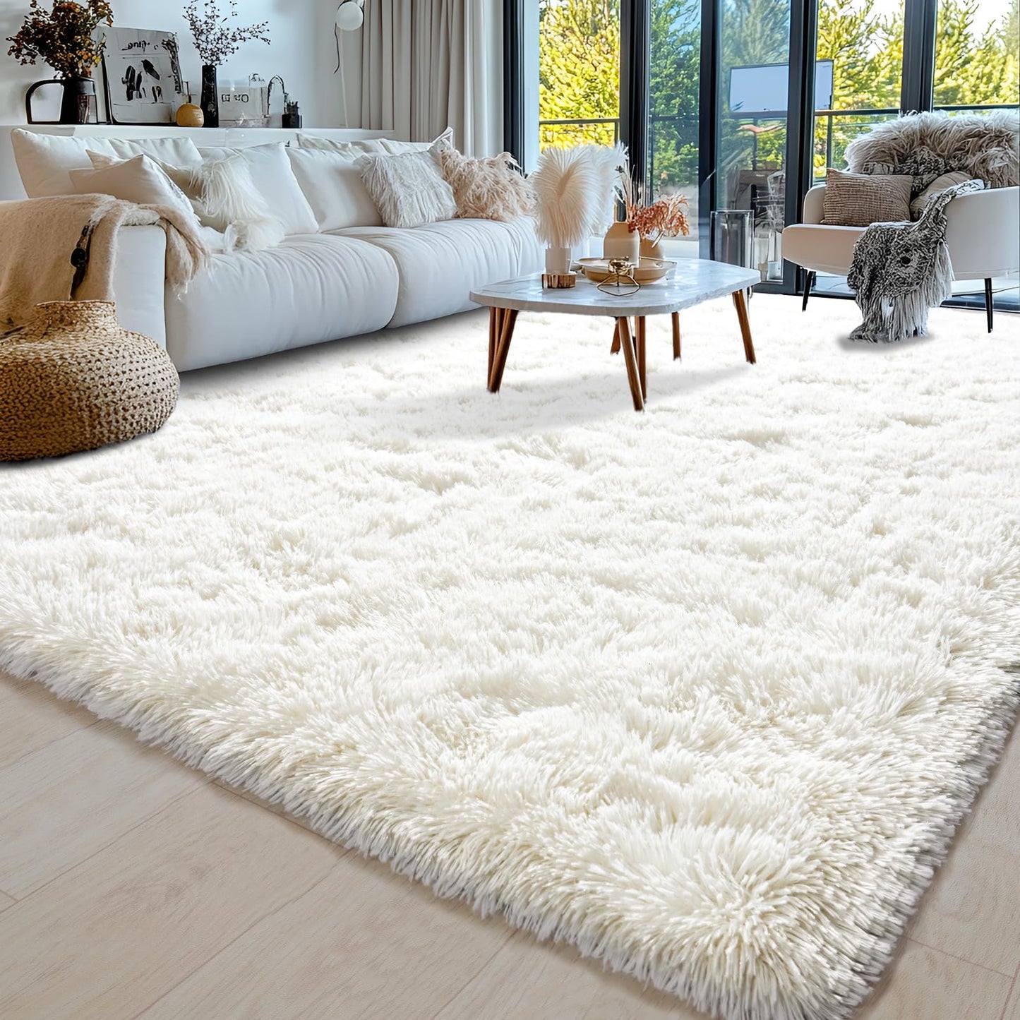 Area Rugs 9x12 for Living Room, Ultra Soft Fluffy Rugs for Bedroom, Non-Slip Furry Large Rug for Teen Girls and Boys,Nursery Kids Room Dorm Home Decor, High Pile Plush Floor Carpet, Cream White