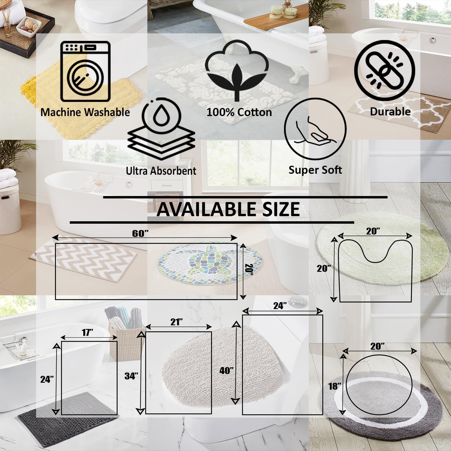 Better Trends Torrent Collection 100% Cotton 2 Piece Set (17" x 24" | 20" x 20") Bath Rug Set, Gray