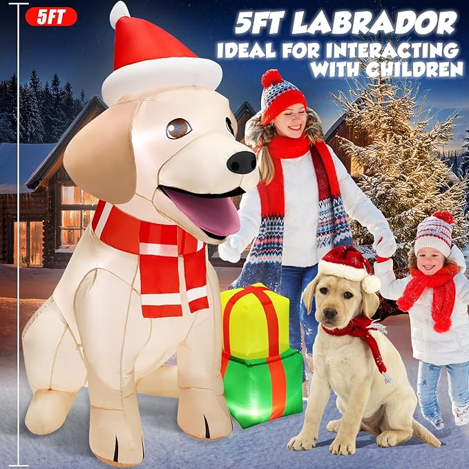 5FT Christmas Inflatables Decorations Outdoor Vivid Lab Dog with Build-in Bright LED Christmas Blow Up Yard Decoration Christmas Decorations Outdoor Indoor for Holiday Party Garden Lawn Home