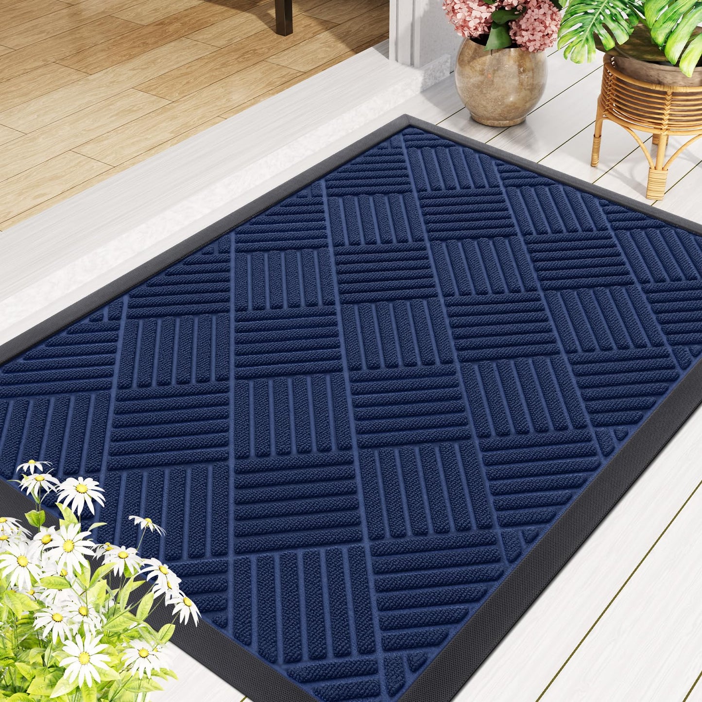 Smiry Front Door Mat Outside Entrance, Heavy Duty Outdoor Indoor Natural Rubber Doormat, Non Slip, Trap Dirt and Moisture, Easy Clean, Low Profile Patio Porch Entryway Mat, 29.5x17, Navy Blue