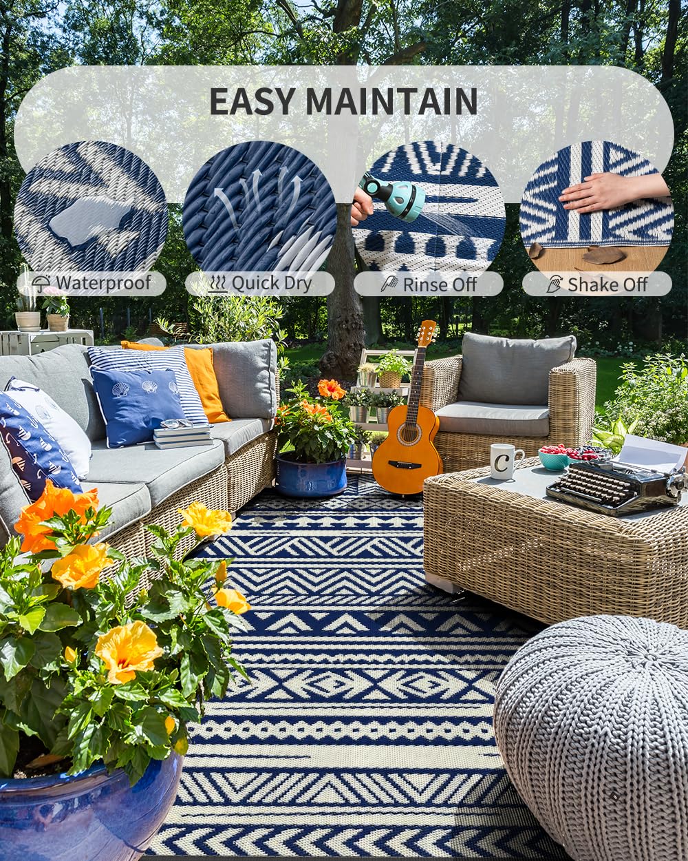 MontVoo Outdoor Rug 8x10 Waterproof Outdoor Patio Rug Mat Reverisble Plastic Straw Outdoor Rug for RV Camping Picnic Beach Balcony Boho Navy Blue