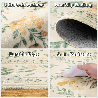 Area Rug Living Room Rugs: Floral 4x6 Washable Rug Vintage Soft Boho Non-Slip Carpet Stain Resistant Large Carpets for Bedroom Dining Room Farmhouse Nursery Hallway Home Office Beige/Multi