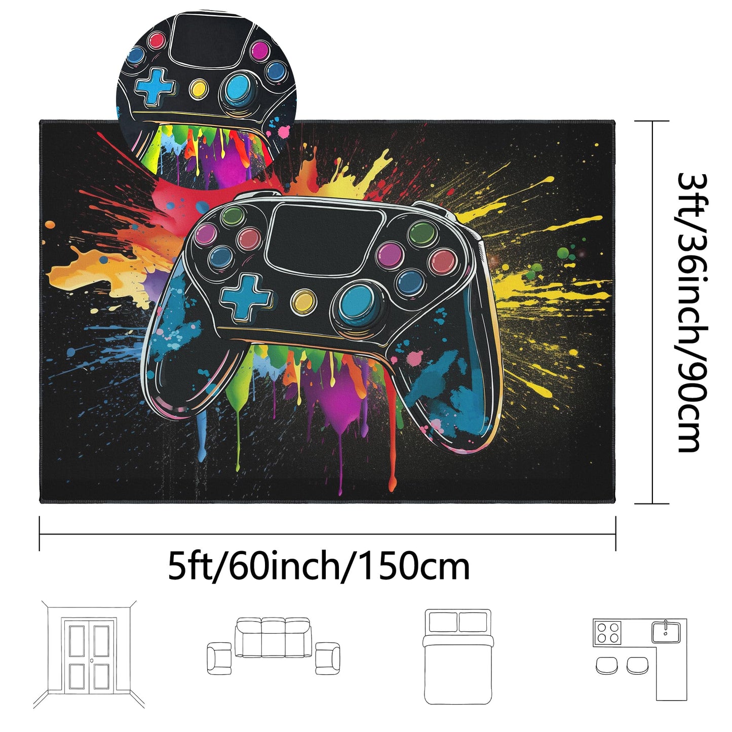 Vesocro Gaming Rug for Room,3x5 ft Non-Slip Cool Gamer Rugs for Bedroom Livingroom and Game Room Decor