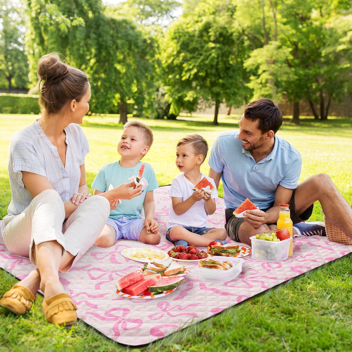 SmoothNovelty Pink Bow Picnic Blanket 80'' x 80'' Waterproof Extra Large Camping Blanket Coquette Picnic Mat Foldable Portable Preppy Outdoor Beach Mat with Carry Strap for Outdoor Grass Lawn Park